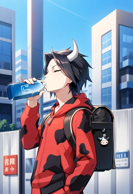 score_9, score_8_up, score_7_up, source_anime, Shaun Fenn,1girl,solo,black hair,long sleeves,holding,jacket,closed eyes,male focus,outdoors,horns,day,hood,bag,from side,hoodie,backpack,bottle,animal print,building,hand in pocket,drinking, red cow print, blue milk,