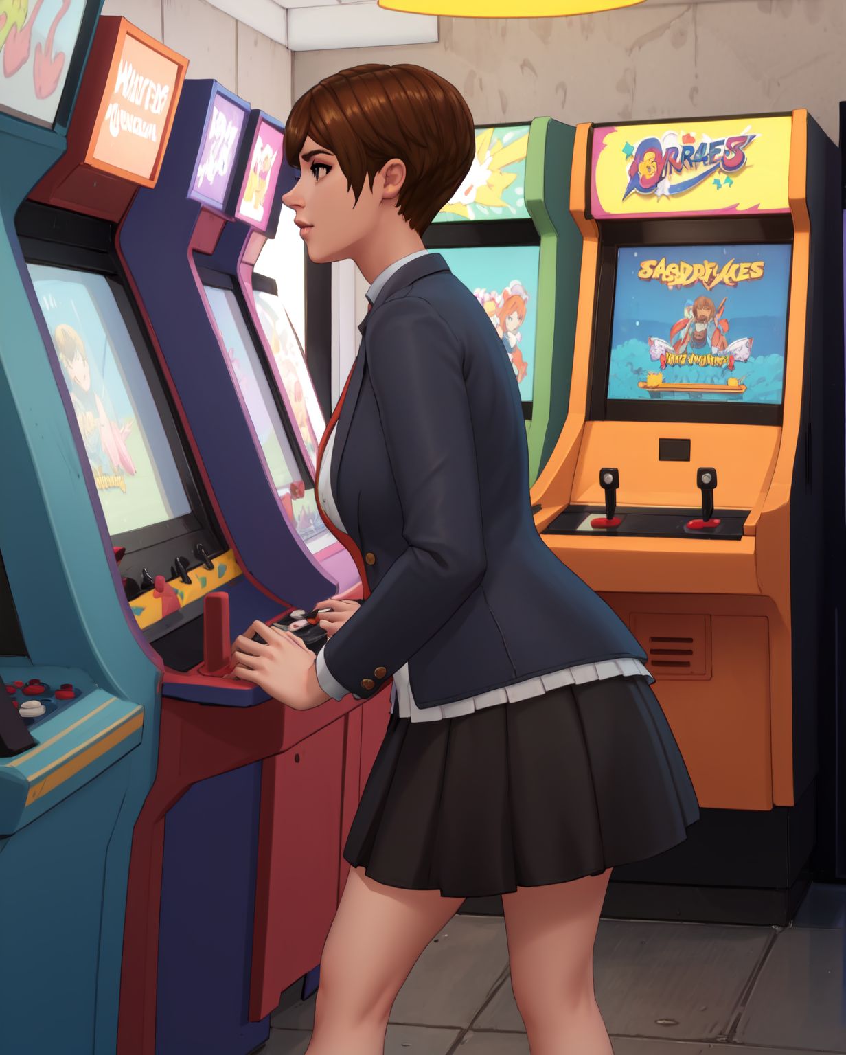 (masterpiece, best quality, high resolution:1.3), <lora:HandFineTuning:0.1>  <lora:m441k3TS4:0.7> m441k3ts4, short brown hair, brown eyes, jacket, skirt, stockings, playing arcade game, <lora:Arcade:0.7>