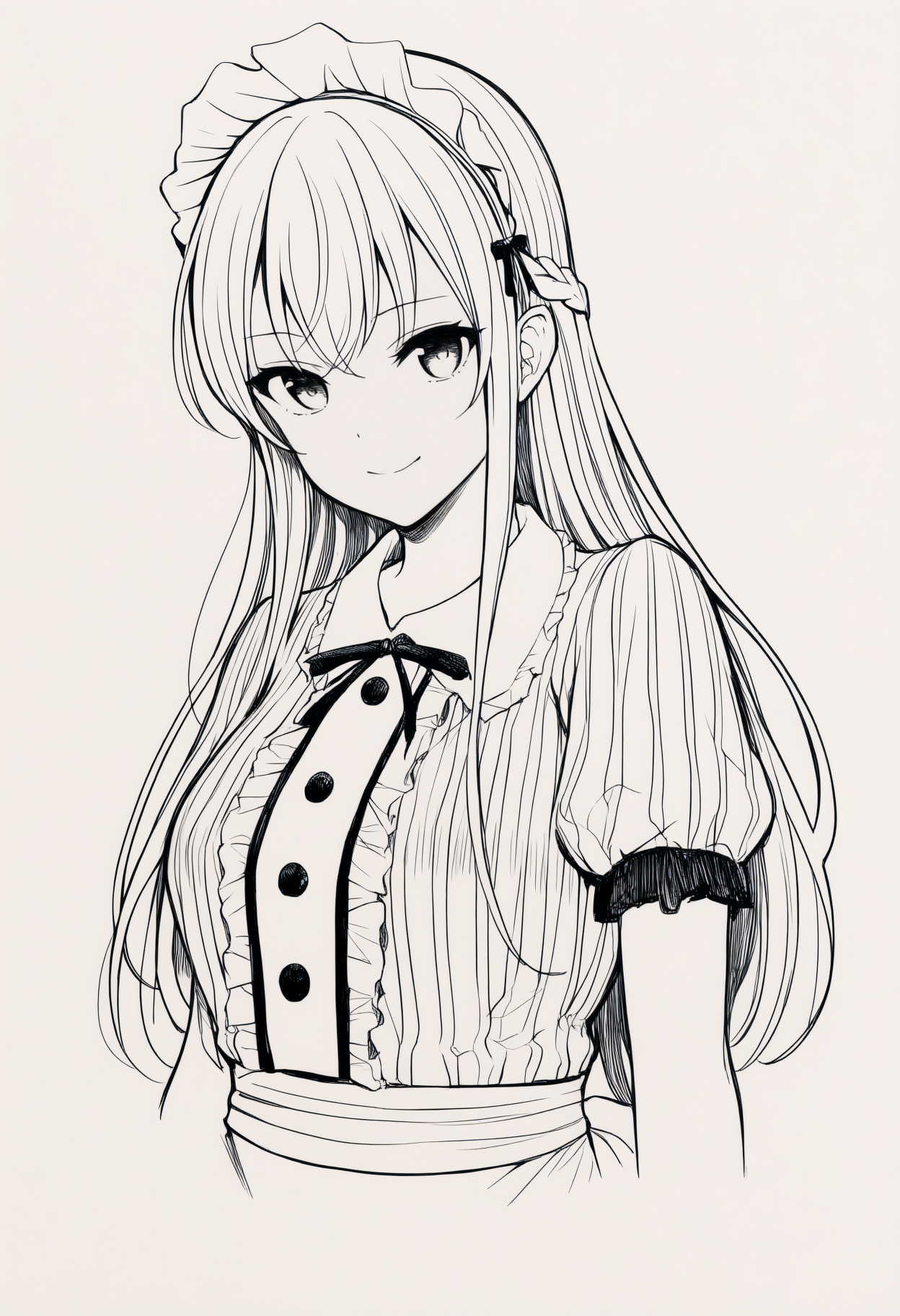 masterpiece, best quality, 1girl, solo, Makuzawa0uka, long hair, braid, maid headdress, black ribbon, striped dress, center frills, puffy short sleeves, white apron, portrait, greyscale, monochrome, lineart, sketch, graphite \(medium\), traditional media, looking at viewer, three quarter view, smile, simple background, cropped torso, <lora:ChamMakuzawaOukaNoob:1>