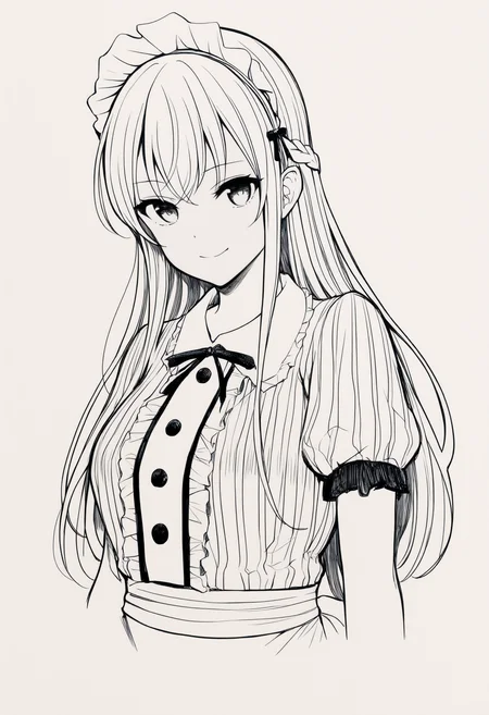 masterpiece, best quality, 1girl, solo, Makuzawa0uka, long hair, braid, maid headdress, black ribbon, striped dress, center frills, puffy short sleeves, white apron, portrait, greyscale, monochrome, lineart, sketch, graphite \(medium\), traditional media, looking at viewer, three quarter view, smile, simple background, cropped torso, <lora:ChamMakuzawaOukaNoob:1>