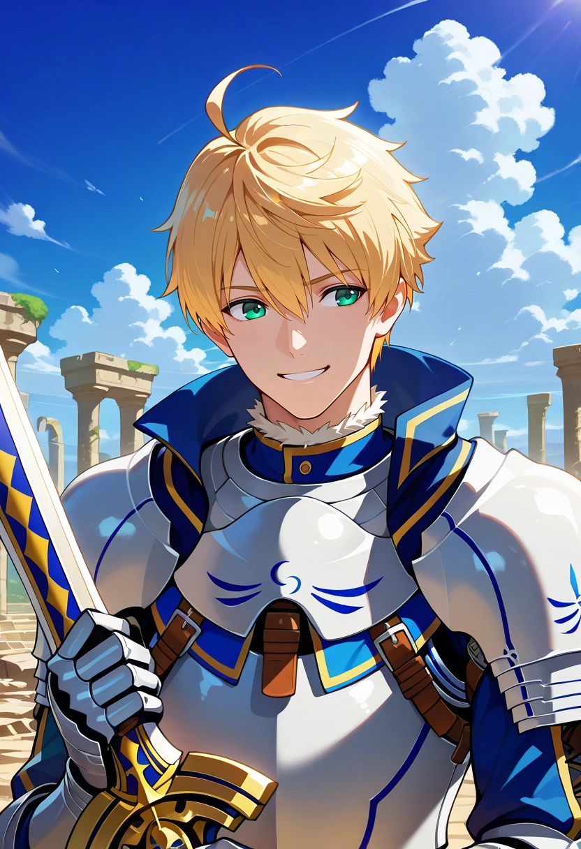 masterpiece, best quality, , semi-realistic, , 1boy, solo, male focus, <lora:arthur_pendragon_fate_ilxl:0.96>, arthur_pendragon_fate, blonde hair, green eyes, short hair, ahoge, hair between eyes, bangs, armor, breastplate, gauntlets, pauldrons, shoulder armor, , holding sword, panorama, ancient ruins, day, clouds, looking back, giggling,