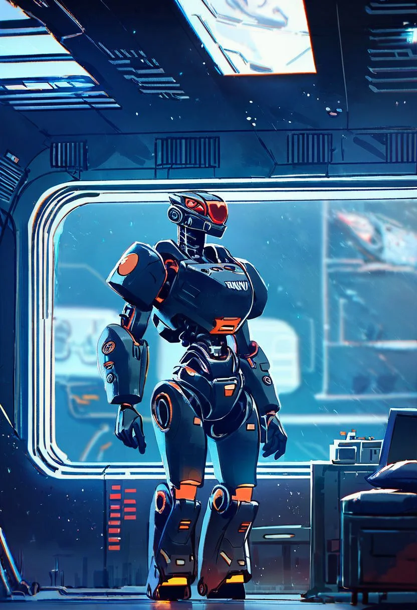 score_9,score_8_up,score_7_up, three-legged automaton:1.5, BLACK ARMOR with red filigree, ROBOT, SLEEK, PRISTINE, WHITE-SPACESHIP-INTERIOR, LOOKING OUT OF window into space OVERLOOKING ORANGE-GAS-GIANT-PLANET,