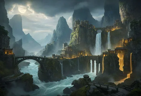 masterpiece, best quality, ultra detailed, professional light, cinematic lighting, ambient lighting, atmospheric effects, epic landscape, fantasy city, ruins, waterfall, mountains, cliff, bridge, Kintsugi, path, clouds