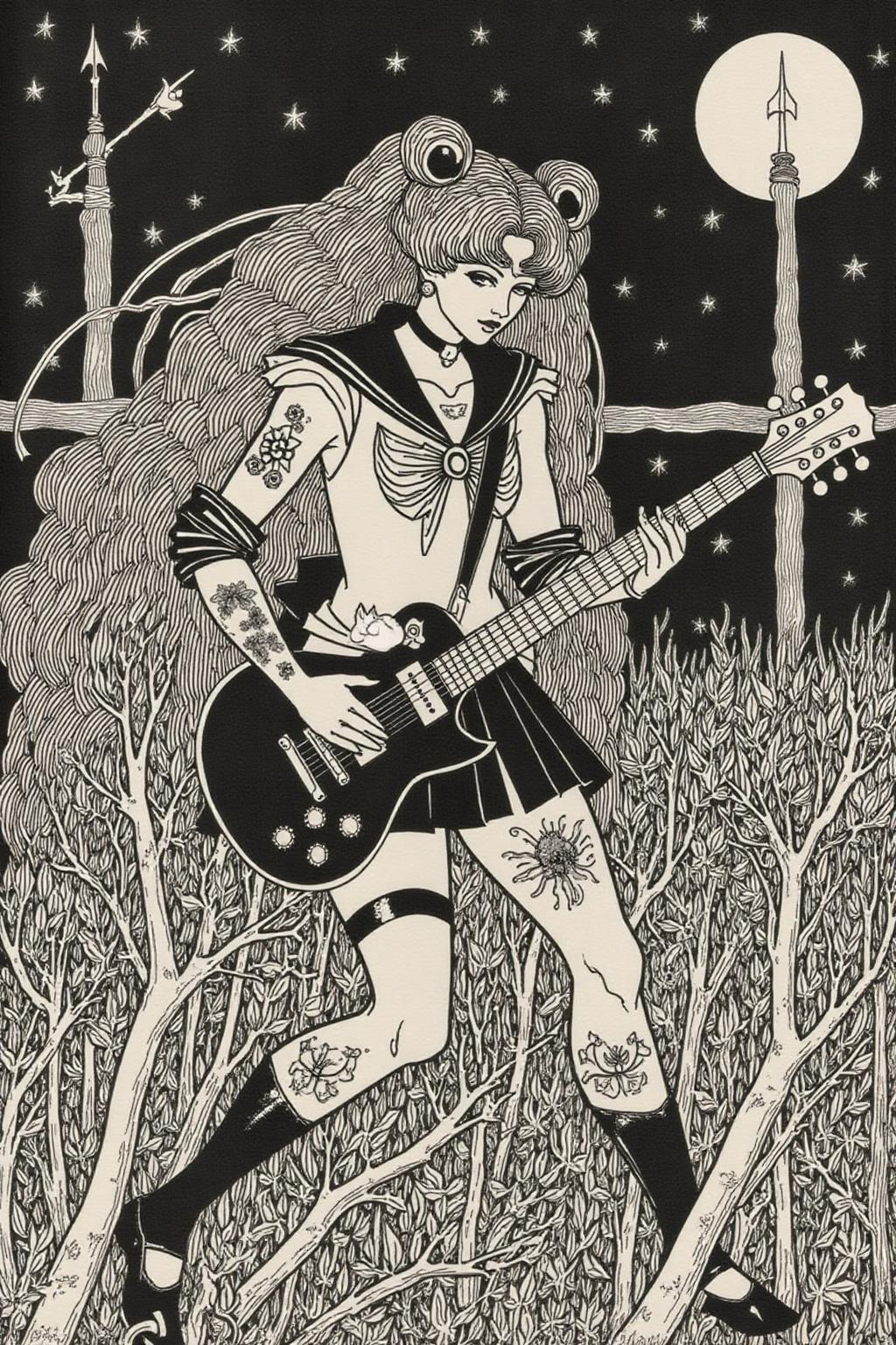 aubreybeardsley1 illustration.
punk sailor moon playing a guitar at a heavy metal mosh pit, tattoos, piercing. <lora:aubreybeardsley3_cap_d6a3e12:1.0><lora:844798476605829964:0>