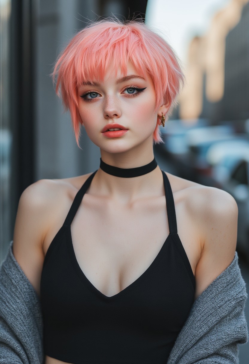 FictionalPeach, punk girl with short pink hair. thumbs up, ((smiling))