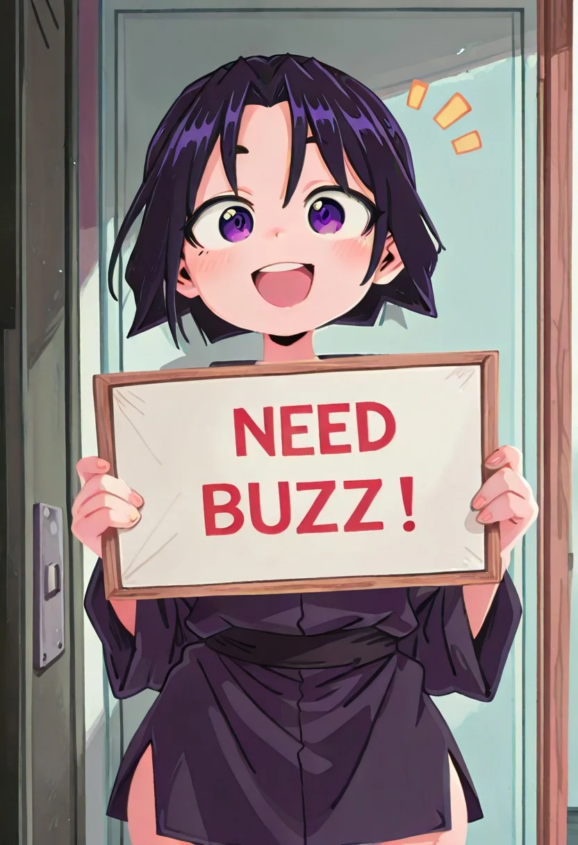 masterpiece, best quality, amazing quality, solo, 1boy, tokiyuki houjou, black hair, purple eyes, (artist: asanagi:0.6),happy, (((male))), short body, valbun, buzz, (need_buzz, holding sign, holding sign ), sign with text "need buzz for unholy things",no lineart
