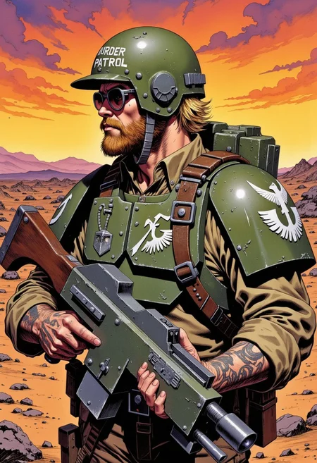solo, warhammer 40,000, an illustration of member of the imperial guard, body armor, helmet, round sunglasses, lasgun, red-dot sight on top of lasgun, aquila emblem on chestplate, white shoulder markings, ammunition pouches, knife scabbard, wearing grenades, Sleeves rolled up above elbows, mandarin collar, olive drab uniform, tattooed forearms, full beard, well-groomed, blonde, post-apocalyptic background, desert, in style of comic book, flat colors, psychedelic, The phrase "Murder Patrol" is hand-painted on his helmet, sunset, volumetric lighting, profile, side-view,