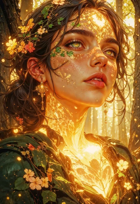 A radiant forest dryad with skin that seems to be carved from smooth, glowing amber. Her eyes are a deep, verdant green, like sunlight filtering through ancient leaves, and her hair cascades like vines, adorned with tiny blossoms that seem to bloom as you look. Her serene face is marked with faint, bark-like patterns, adding texture to her ethereal beauty. A faint glow emanates from within her, as though she carries the life of the entire forest in her being. The background is a blur of golden sunlight and towering trees, framing her as a mystical guardian. <lora:FluxMythG0thicL1nes:0.6> <lora:FluxMythR3alisticF:0.5> <lora:RetroAnimeFluxV1:0.6> <lora:OB半写实肖像画V2.0:0.6>