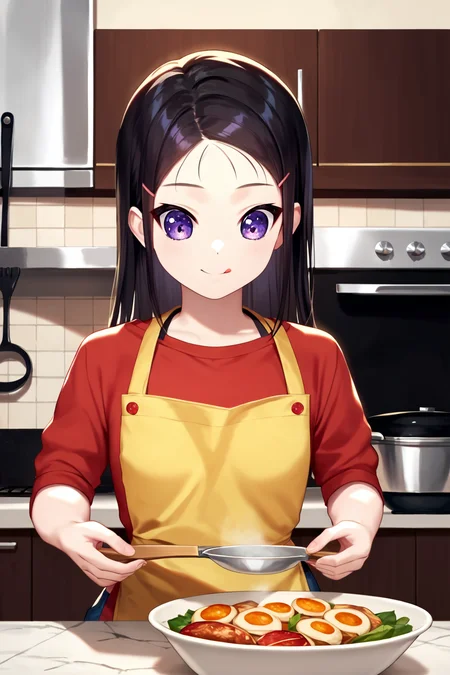 score_9, score_8_up, score_7_up, score_6_up, rating_safe, source_anime, best quality, masterpiece, detailed background, detailed eyes, kitchen, yellow apron, <lora:otosaka-ayumi-xl:1.4>, otosaka ayumi, red sweater, blue shorts, purple eyes, tongue out, focused, looking down, cooking, black hair, small breasts,