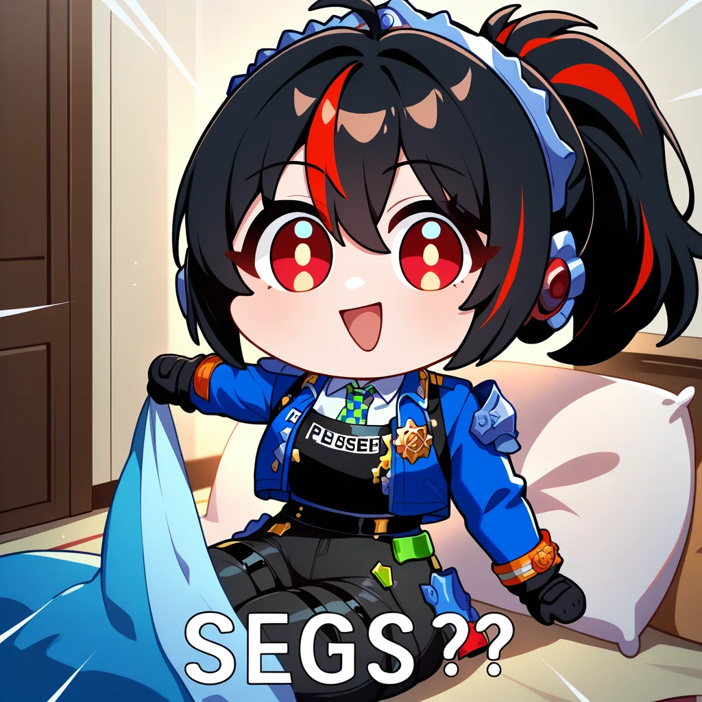masterpiece, best quality, newest, absurdres, highres, chibi, open mouth, smile, english text, :d, looking at viewer, blanket, pillow, holding, <lora:SegsMeme_illusXLNoobAI_Incrs_v1-000012:1>, anime coloring, <lora:zzz_zhuyuan_illustriousXL:1>, ponytail, red eyes, police uniform, blue jacket, cropped jacket, open jacket, long sleeves, black gloves, black vest, white shirt, collared shirt, checkered necktie, black pants, tight pants, high-waist pants