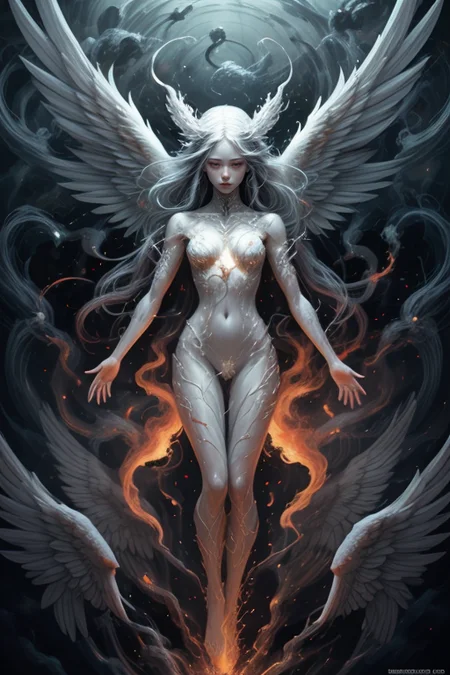 captivating design,spirit female ascend from body,The spirit being's arms are spread out,white body,beaming light on her body,At the end of each arm,there are flames of fire. Above the fire,there is an outline of an angel with wings,very detail,<lora:Concept_-_Hella-sthetic_v2:0.7>,