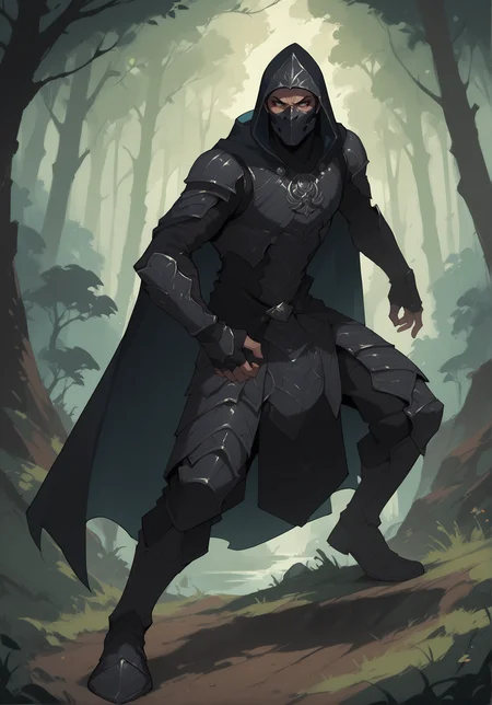 score_9, score_8_up, score_7_up, score_6_up, 1boy,n1ghtinga1e,armor, dynamic pose,hood, mask, <lora:n1ghtinga1e_armor:0.9>, forest <lora:NoctFlatStyleV4:0.7>