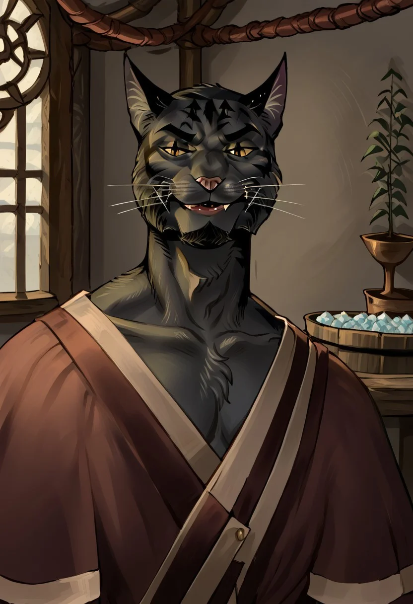 score_9, score_8_up, score_7_up,  
BREAK
slim male (((furry khajiit))), feline, 45 year old male with cat nose, cat whiskers and a tail, evil, matching yellow feline eyes, prominent eyebrows, smug, wealthy, sleek, mutton chops, smooth, slick, charming, oily, groomed beard, (((black short fur tabby, cat nose, whiskers, cat ears, cat tail))), frank frazetta style, rich, luxurious, wearing skyrim high fantasy nobleman's clothing, lord's clothing,  brown padded luxurious nordic robe,  medallion, toned body, (((mature face, smug evil expression:1.4))), 4K, high quality, detailed, skyrim style
(((full body, medieval gambling den background)))
