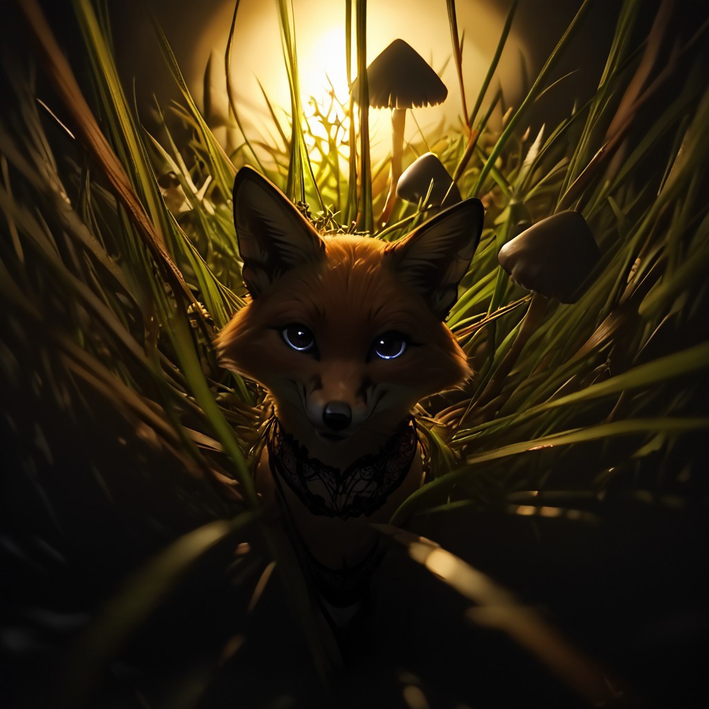 score_9, score_8_up, score_7_up, score_6_up, score_5_up, score_4_up, BREAK a closeup of a feral fox in dark-grasshrooms, feral, looking at viewer, clothed feral, lingerie on feral, feral in panties, black lace, dark, backlit, low key, sidelight, silhouette, depth of field, blurry foreground, dark-grasshrooms