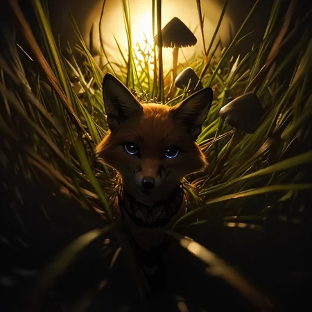 score_9, score_8_up, score_7_up, score_6_up, score_5_up, score_4_up, BREAK a closeup of a feral fox in dark-grasshrooms, feral, looking at viewer, clothed feral, lingerie on feral, feral in panties, black lace, dark, backlit, low key, sidelight, silhouette, depth of field, blurry foreground, dark-grasshrooms