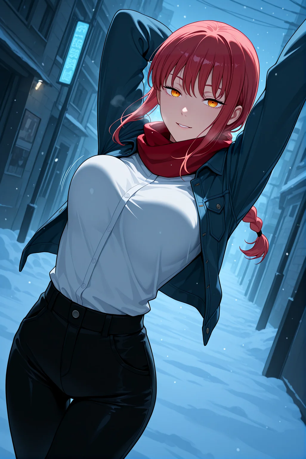 beautiful detailed eyes, masterpiece, best quality, intricate details, absurdres, 1girl, solo,
<lora:P-IL-Makima:1>, m4k1m4, red hair, yellow eyes, ringed eyes, braid, braided ponytail, bangs, sidelocks,
cropped jacket, jean jacket, open jacket, white shirt, tucked in shirt, tight pants, black pants, red scarf, long scarf, fur scarf,
medium breasts, seductive smile, parted lips, beautifull lips, breath visible, cold breath,
looking at viewer, stretching,
((breasts in motion)), dynamic pose, intense movement, action shot, motion blur, (bouncy:1.3), (bouncing breasts:1.2), tight outfit, dramatic perspective, close-up, low angle,
snowy urban street, falling snow, icy pavement, frosted street lamps, neon signs, twilight glow, distant city skyline, chainsaw man aesthetic, cold atmosphere