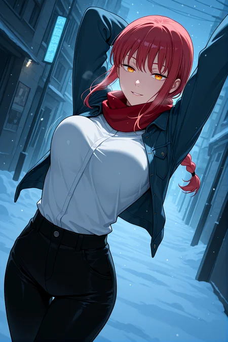beautiful detailed eyes, masterpiece, best quality, intricate details, absurdres, 1girl, solo,
<lora:P-IL-Makima:1>, m4k1m4, red hair, yellow eyes, ringed eyes, braid, braided ponytail, bangs, sidelocks,
cropped jacket, jean jacket, open jacket, white shirt, tucked in shirt, tight pants, black pants, red scarf, long scarf, fur scarf,
medium breasts, seductive smile, parted lips, beautifull lips, breath visible, cold breath,
looking at viewer, stretching,
((breasts in motion)), dynamic pose, intense movement, action shot, motion blur, (bouncy:1.3), (bouncing breasts:1.2), tight outfit, dramatic perspective, close-up, low angle,
snowy urban street, falling snow, icy pavement, frosted street lamps, neon signs, twilight glow, distant city skyline, chainsaw man aesthetic, cold atmosphere