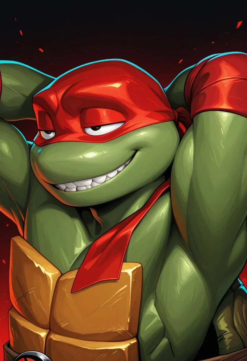 1boy, Raph, Red mask, upper body, looking afar from side, from front, armpit, hands behind head, tmnt, half closed eyes, smiling , broad shoulders, ((bandana mask)), teeth
