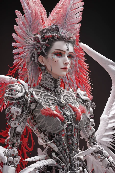 complex 3d render ultra detailed beautiful death angel, biomechanical cyborg, analog 150 mm lens, beautiful natural soft rim light, crystal feathers, roots, fine foliage lace, colorful details, Boris Bidjan Saberi outfit, pearl earrings, piercing, art nouveau fashion embroidered, intricate details, mesh wire, mandelbrot fractal, facial muscles, cable wires, microchip, badass, hyper realistic, ultra detailed, octane render, volumetric lighting, 8k post-production, red and white with a bit of black, detailled metalic bones, semi human, iridescent colors, Glenn Brown style, futuristic room, power of the god, high-angle shot, complex body poses