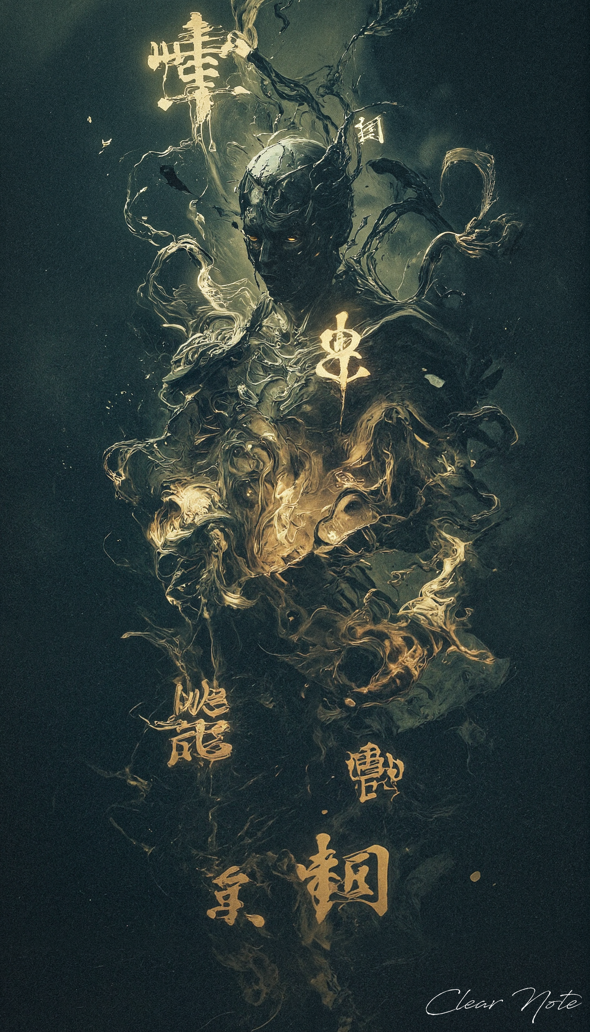 Mysterious man casting a spell. Words appear around him.