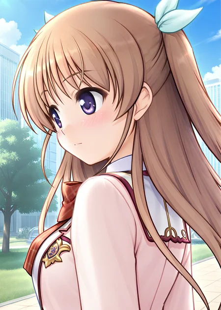 masterpiece, best quality, very aesthetic, absurdres, official art, official style, general, censored BREAK,
<lora:shirasakitsugumi_IL_v1-1:0.7>, shirasaki tsugumi, 1girl, solo, purple eyes, blue eyes, light brown hair, long hair, two side up, hair ribbon, white ribbon, light green ribbon, medium breasts, school uniform, blazer, pink jacket, open jacket, button, pocket, red bowtie, plaid bowtie, white shirt, collared shirt, yellow sweater vest, long sleeves, outdoors, day, blue sky, tree, cloud, building, city, grass, portrait, close-up,
blush, closed mouth, expressionless, from behind, from side, looking away, looking to the side