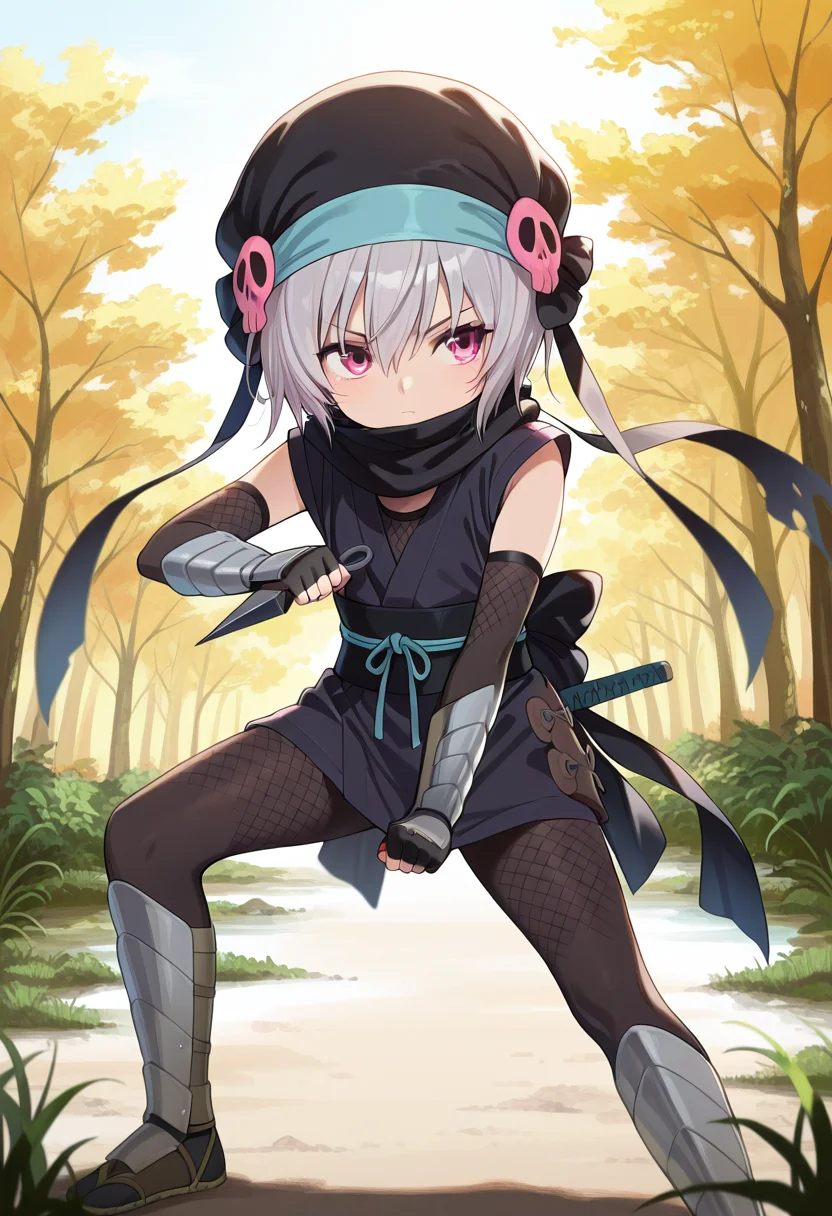 1girl, solo, short hair, grey hair, pink eyes, hat, skull, ninja, scarf, bare shoulders, fishnets, gauntlets, fingerless gloves, greaves, fighting stance, outdoors, holding kunai <lora:goemon_nobuna_illus:1>, masterpiece, best quality, amazing quality, very aesthetic, absurdres, highres, newest