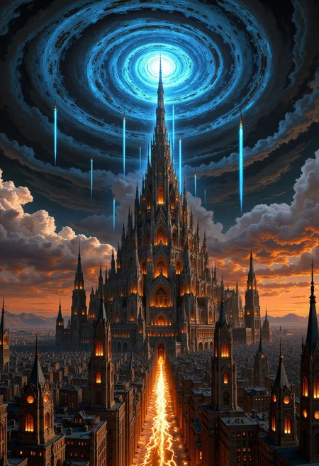 a grand, ornate cityscape under a dramatic sky. The city is characterized by towering, gothic-style architecture with intricate details and glowing golden accents. Above the city, a swirling blue vortex dominates the sky, from which multiple luminous, spear-like projectiles descend, casting a radiant glow. The sky is a mix of dark, swirling clouds and vibrant orange hues, suggesting a sunset or otherworldly atmosphere. The overall composition is symmetrical, with the central tower aligning with the vortex, creating a sense of balance and focus. The scene conveys a sense of awe and impending action, with the celestial elements contrasting against the structured city below.