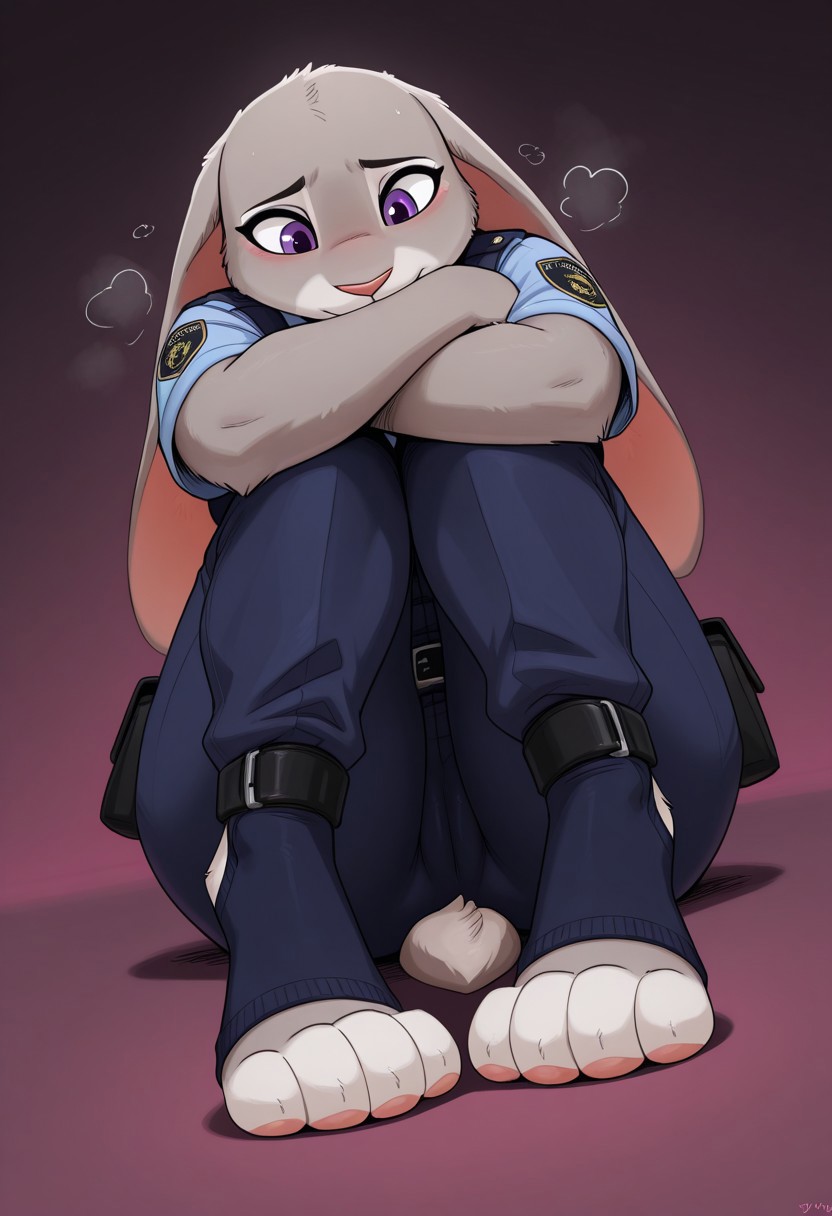 theminusculetask, , furry, furry female, anthro, female, bunny, grey fur, purple eyes, rabbit ears, rabbit tail, police uniform, dark blue pants, blue shirt, belt, belt pouch, dark blue vest, toeless blue legwear, stirrups, medium breasts, smell, steam, legs, paws, pawpads, cameltoe, juddy hopps, sitting, hugging knees, 
dynamic angle, foreshortening,