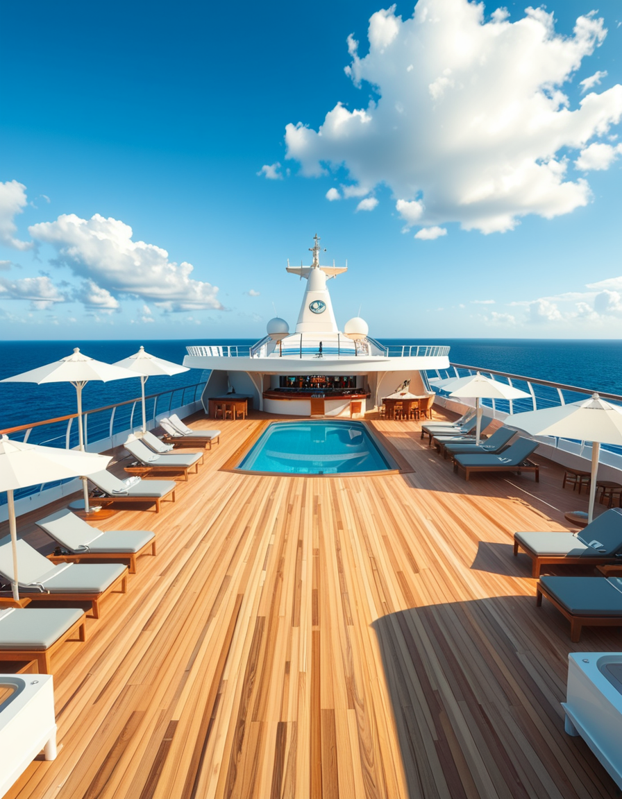 A wide, high-resolution view of the upper deck of a modern luxury cruise ship, completely empty of people. The deck features a clean, polished teak wood floor and sleek white railings along the edges. Several neatly arranged lounge chairs line both sides, with large white parasols providing shade. In the center of the deck, a crystal-clear swimming pool reflects the blue sky, with no one in or around it. To one side, a stylish bar area with a curved canopy stands closed, with colorful bottles and barstools neatly arranged. The background reveals the endless ocean meeting the horizon, under a bright, cloud-speckled blue sky. The lighting is natural daylight, casting soft shadows and highlighting the modern, serene, and luxurious ambiance of the cruise ship deck. No signs of human presence â everything is pristine, calm, and ready for guests.
<lora:SDXLFaeTastic2400:0.4> <lora:extremely_detailed:0.4> extremely detailed,<lora:luxury_cru1s3_sh1p:1>,luxury cru1s3 sh1p, Masterpiece,best quality,hi res,8k,hi res,8k,award winning,(sharp focus, intricate, highly detailed),