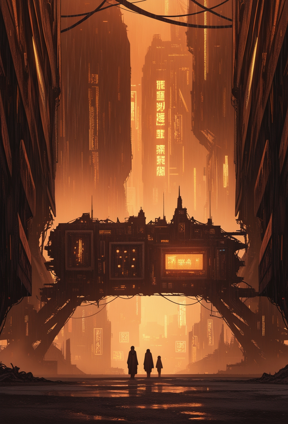 <lora:ck-Sommo-Concept-Art-IL-000012:1>, masterpiece, best quality, good quality, very aesthetic, absurdres, newest, 8K, depth of field, focused subject, a dystopian cityscape under a heavy rainstorm. The scene is dominated by a massive, rusted, and decaying scifi structure, in shades of red and dark, with a texture that suggests years of neglect. This structure appears to be a towering, vertical building with numerous windows and vents, some of which are cracked or missing. In the background, the cityscape features a mix of futuristic and industrial architecture, including towering strange skyscrapers and large, cylindrical structures, all covered in a thick layer of rain. The buildings are predominantly dark gray and black, with a few spots of light, possibly from streetlights or neon signs, adding contrast. The raindrops are depicted as tiny specks, creating a sense of heaviness and gloom. In the background, a silhouettes is partially visible, obscured by the rain,lurking, which hints at a dark fantasy or sci-fi element. The overall mood is bleak and desolate, with a focus on the harsh, gritty textures and the overwhelming presence of the rain.reflections,best quality,masterpiece,detailed,rich neon colors,glow,shimmer,cables,wires,color contrast,award-winning,disturbing,hard science fiction,lost technology, melancholy,sepia,fog,
in the style of ckjs