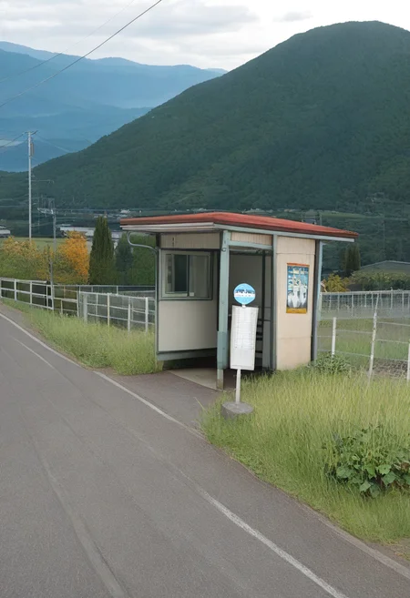 basutei, bus stop, no humans, scenery, grass, outdoors, rural, tree, sky, sign, utility pole, mountain, power lines, day, real world location, building, road, house, cloud, landscape, poster (object), mountainous horizon, fence, hill, bush, japan, field, nature, photorealistic, photo background,
masterpiece, best quality, amazing quality, very aesthetic, absurdres, newest,
<lora:sc_bustei_illustrious_V1L:0.8>