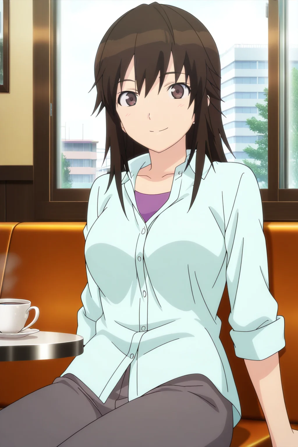 anime screenshot, miyamae tooru, 1girl, solo, black hair, long hair, brown eyes, medium breasts, aqua shirt, dress shirt, collared shirt, purple shirt, t-shirt, layered shirt, grey pants, looking at viewer, smile, sitting, cowboy shot, indoors, cafe, table, coffee, masterpiece, best quality, high quality, highres, absurdres, <lora:miyamae_tooru_ILXL:0.9>