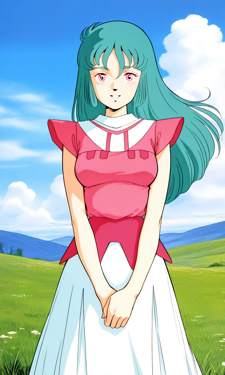 general,highres, ultra-detailed,very aesthetic,best quality ,best hands, BREAK <lora:Ciela_Lapana_dress_IS:0.9>
Ciela_Lapana(dress), 1girl, solo, long hair, pink eyes, aqua hair, bangs, green hair, medium breasts, 
pink dress, white skirt, long skirt, parted lips,
smile, looking at viewer, v arms, standing,
grass, sky, fantasy,