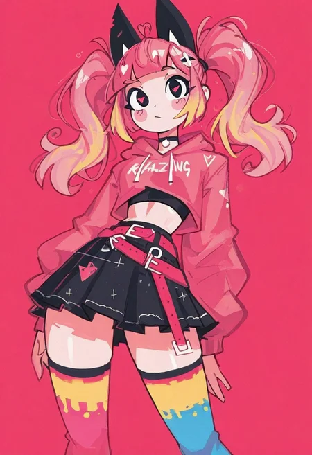 1 girl , solo , twintail , pigtails , midriff , pink hair , colorful highlights , cropped hoodie , midriff , skirts , knee-high socks , colorful socks , belt , choker ,
masterpiece, best quality ,amazing quality , 4ndaerz_illu, Karinami Inkblush mode ,