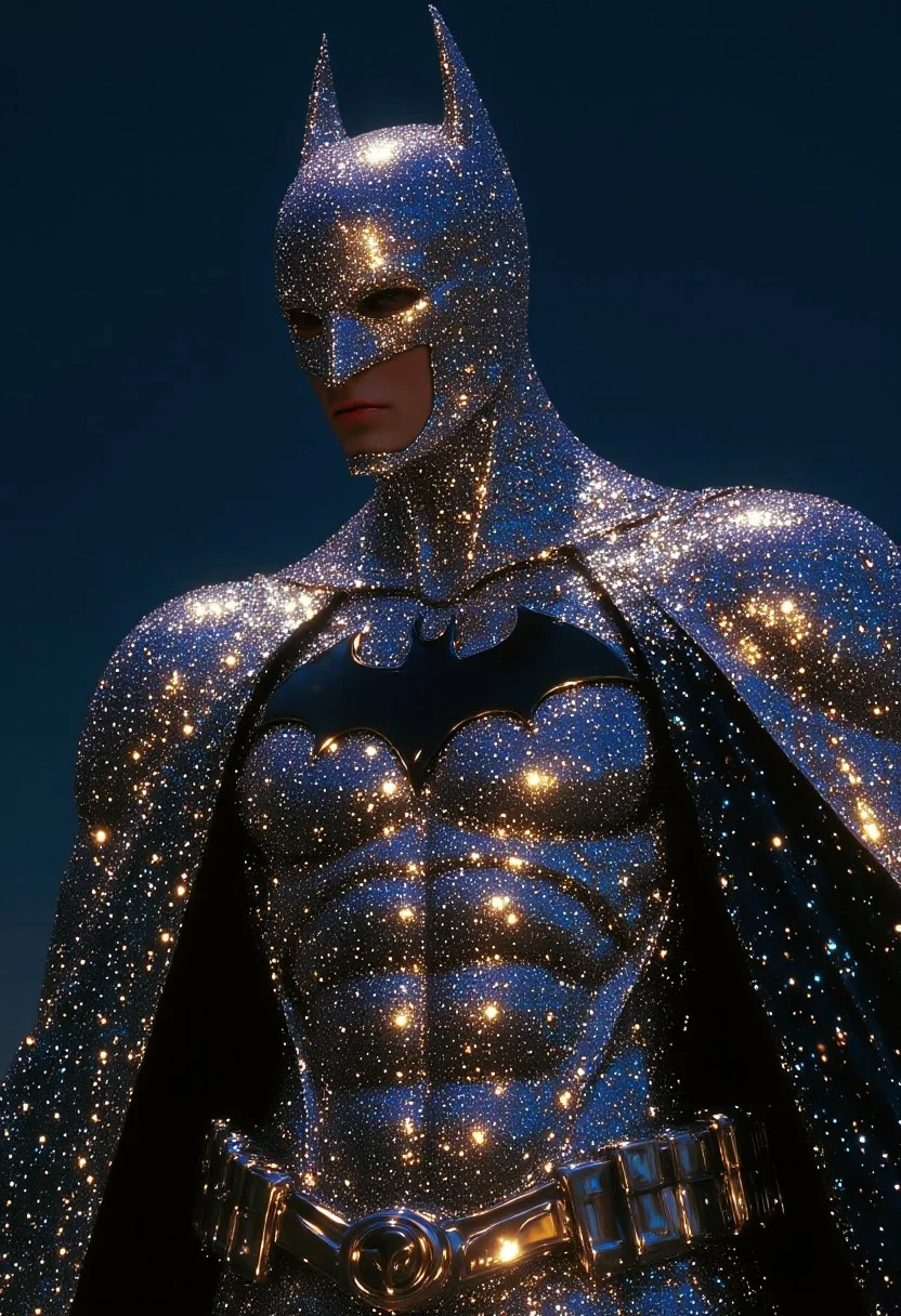 A hyper-realistic, highly stylized photograph of Batman standing against a deep blue, cloudless sky, his entire suit, including the mask, covered in glittering, reflective silver sequins that shimmer with every subtle movement. The iconic bat emblem on his chest is a bold black silhouette against the dazzling surface, emphasizing his legendary presence. A metallic silver utility belt wraps around his waist, adding both contrast and functionality. His cowl, sculpted with precision, features the signature pointed bat ears, its sequin-covered surface catching the light in mesmerizing patterns. His eyes, shadowed beneath the mask, exude an intense, enigmatic gaze. The deep black cape, also embedded with sequins, cascades behind him, reflecting flashes of light that create a surreal, almost ethereal effect. The background’s rich blue hue intensifies the contrast, making the intricate textures of his shimmering suit even more striking. Every fold of fabric, every detail of his armored physique, is enhanced by the dramatic lighting, turning Batman into a fusion of gothic mystery and avant-garde fashion. The composition radiates power, sophistication, and a futuristic reinterpretation of the Dark Knight’s presence, blending iconic heroism with high-fashion brilliance.