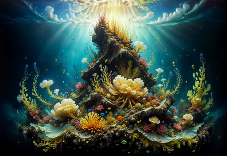 legendary landscape, underwater scene, ocean, (cumulonimbus seaweed:1.3), burried treasure, gold, gems, otherworldly flora, corals, bioluminescent creatures, crystal formations, sea serpent, bright particles, gloom, underwater lilies, explosive bright particles in the form of sparks of light, dark, panoramic <lora:add-detail-xl:0.7> <lora:xl_more_art-full_v1:0.7> <lora:sdxl/nicola_samori_dark_art_style:0.7> in the style of Nicola Samori