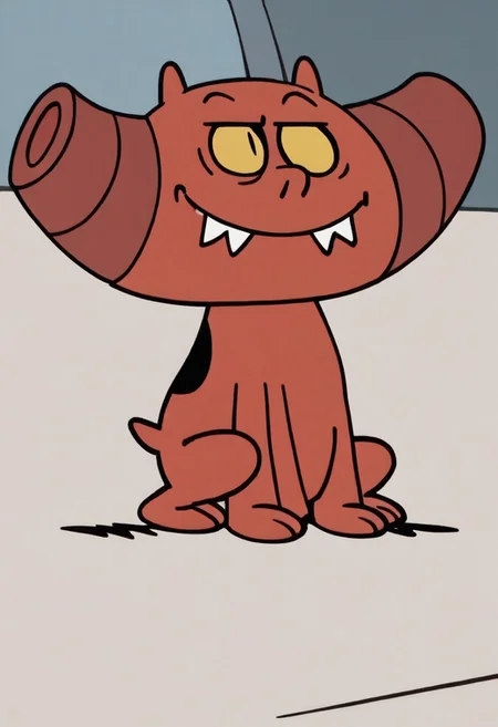 (score_9 | score_8_up | score_7_up) ((masterpiece:1))(best quality,very high quality,ultra detailed:1.2) (2D,cartoon style,anime style)(Smooth:2)(clean blurring) (four fingers on each hand,one thumb on each hand:1), charles, dog, all fours, black spot on left eye, impish, demon, red skin, small pointed nose, pointed tail, yellow eyes, slit pupils, two small horns, two large curved horns on sides of her head, pair of deformed fangs, smug, full body