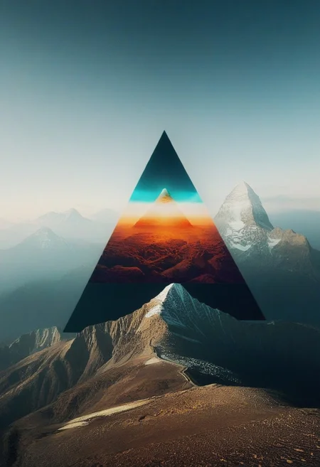 mountain, surreal,  double exposure, dark and moody ,colored all seeing eye pyramid  made of qu4ntum, film grain,high quality,  dramatic ,poster, mugshot wall