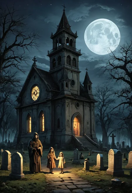 masterpiece, best quality,
digital artwork of creepy old church, 3 kids in Halloween costumes holding flash lights,
japanesehorrorclassics,
full moon, night, cosmic rays, haunted place, abandoned old church, graveyard, giant bell tower, wide shot, old trees, forest background, tombstones, scary, paranoia, feeling like someone is watching you, ruined, dirty, cemetery, fear, dread,
(low angle:1.3), focus on old tower,
cinematic, horror, creepy atmosphere, intricate, detailed, rays of light,