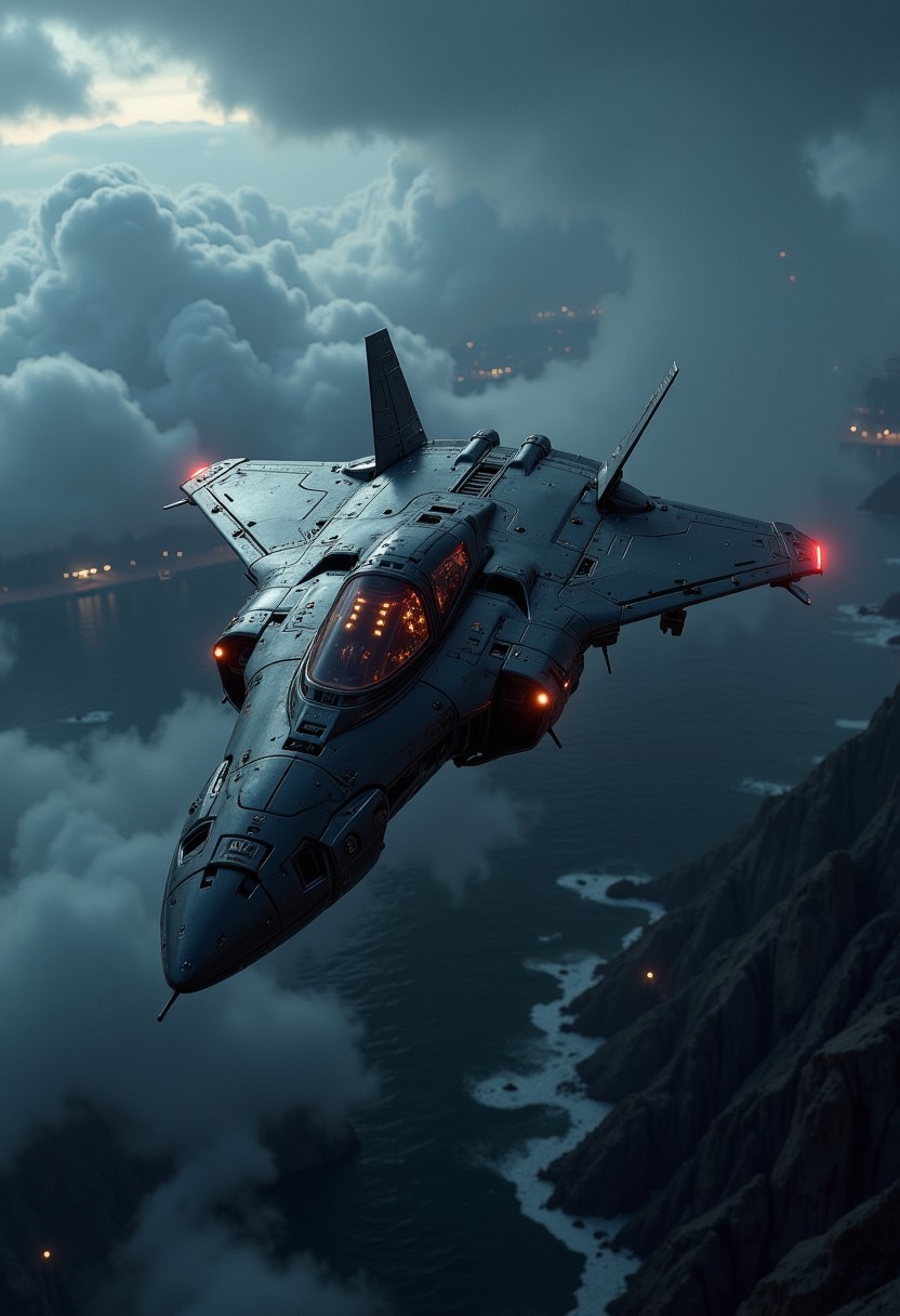 in the style of ck-mgs, A digital artwork in the style of cknc, a_skynet_cyberdyne_craft, the image is featuring a futuristic, highly advanced stealth fighter flying rapidly at altitude over a stormy sea at night. The fuselage is made of a dark gunmetal alloy and the cockpit shows glowing led lights, and has a large air intake, dutch angle, motion blur