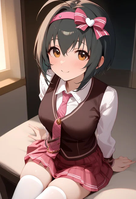 1girl,blush,kohinata miho,necktie,pink hairband,skirt,smile,solo,hair bow,looking at viewer,white thighhighs,heart,zettai ryouiki,<lora:a31_char_new_kohinata_miho-000024:1>masterpiece, best quality, absurdres<lora:a31_style_koni-000010:0.8>