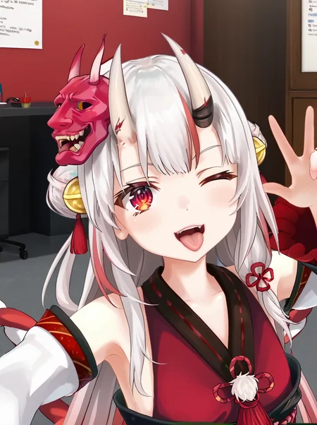 detailed background, shiny skin, posing, rating safe,
<lora:ayame.pony:1>,
ayame,
one eye closed, tongue, 
office,