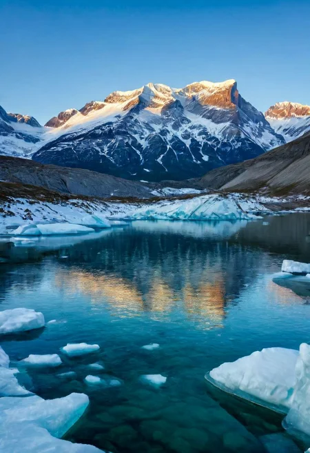 mountains are reflected in the water of a lake surrounded by snow, shutterstock, toronto, [[fantasy]], hdr smooth, icebergs in the background, intricate  , by Richard Carline, vibrant light, shiny skin 