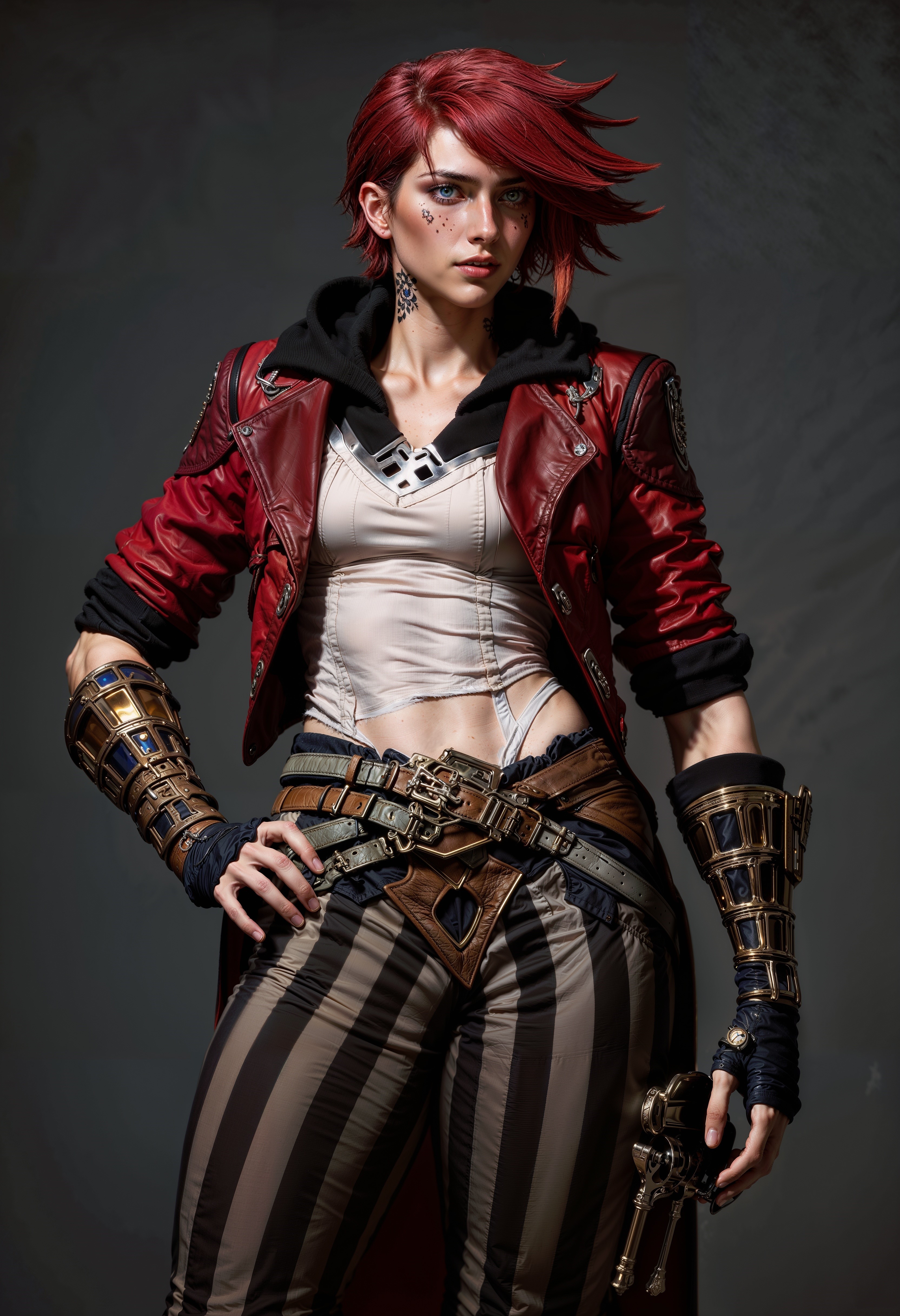 ViA, young woman, full-body woman with a rude appearance, midriff, short hair, in bohemian style clothing, eyes grey blue.
<lora:FluxMythP0rtr4itStyle:0.6> <lora:flux.1_lora_flyway_Epic-Characters_v1:0.6> <lora:Elden_Ring_-_Yoshitaka_Amano:0.33> <lora:FluxViA:1>
