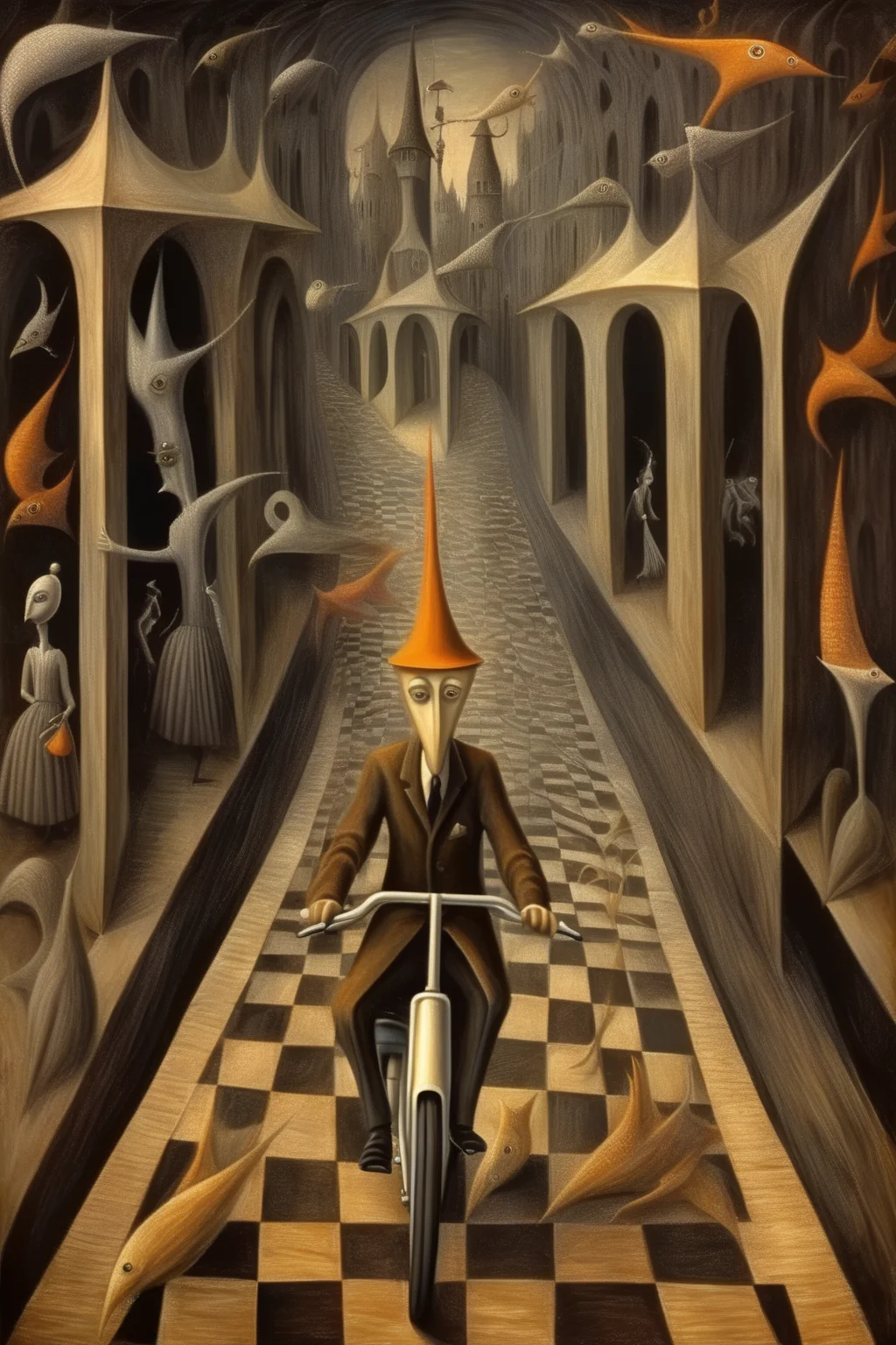 <lora:Remedios Varo Style:1>Remedios Varo Style - A surreal scene, a man riding a scooter. mix the styles of MC Escher Lenora Carrington, Remedios Varo and Frieda Khalo. The mood is dark and mysterious.