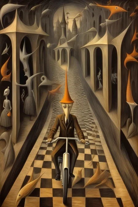 <lora:Remedios Varo Style:1>Remedios Varo Style - A surreal scene, a man riding a scooter. mix the styles of MC Escher Lenora Carrington, Remedios Varo and Frieda Khalo. The mood is dark and mysterious.