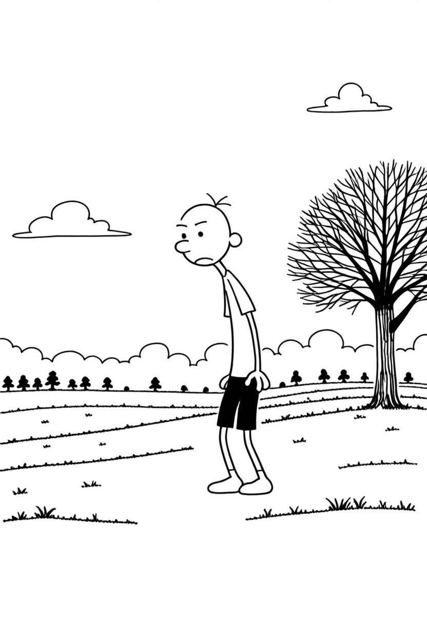 Greg_Heffley, 1boy, solo, white skin, black eyes, black hair, white shirt, black shorts, dot eyes, cloud, monochrome, grass, sky, tree, outdoors, parody, frown