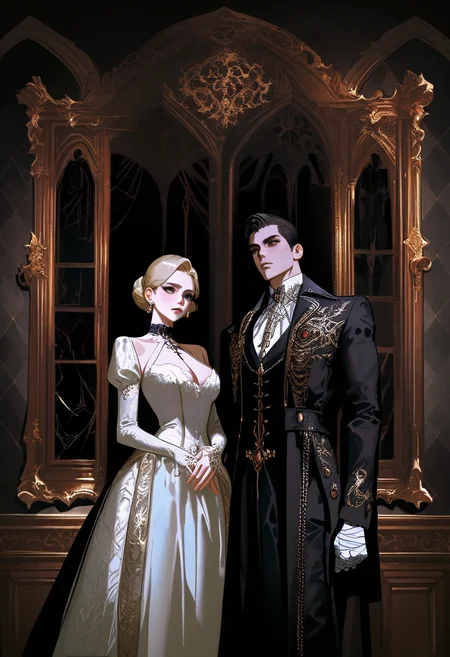 Gothic style masterpiece,high score,great score,absurdres,  ., a man and a woman standing next to each other in a room with a window and a picture on the wall [22],, <lora:br3k1ngd0un:1>,(br3k1ngd0un, realistic, Clarice Beckett, international gothic, dark shadows),, black eyes [2], <lora:Haut3C0t0ur3V01:0.6>, (haut3c0t0ur3v01, style, haut3c0t0ur3, Alexander McQueen, fantastically gaudy),, bandaged hand [3], Luxury, Gold, silver, black, purple . Dark, mysterious, haunting, dramatic, ornate, detailed