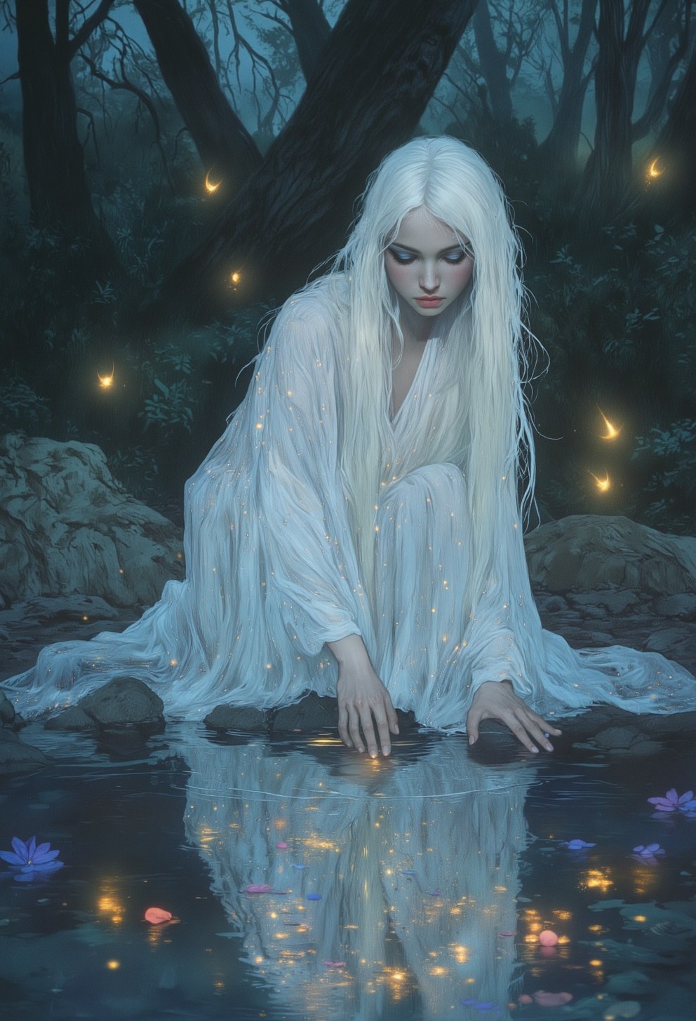 A soft-focus cinematic fantasy scene of a luminous, otherworldly woman with long, flowing silver-white hair kneeling at the edge of a still moonlit pond in an ancient forest clearing. Her translucent starlight robes pool around her like mist, glimmering with faint constellations. She reaches out with one delicate hand, lightly touching the waterâs surface, sending soft ripples across the mirrored moonlight. Her violet eyes are downcast, filled with silent sorrow and otherworldly grace. A breeze stirs her hair and robe, adding gentle motion to the quiet moment.
The forest around her is dark and ancient, filled with twisting trees and luminous wildflowers. Fireflies drift lazily through the mist, glowing gold and pale blue. The composition is richly layered, with dreamy bokeh, soft lens flares, and prismatic light leaks washing across the frame. The image glows with warm overexposure and faint vintage film grain, evoking the style of a melancholic fantasy film still.
  <lora:Vibrantly_sharp_style_v.2:0.5> <lora:80sFantasyMovieV3:0.5>    <lora:OBååå®èåç»V2.0:0.8> obxiaoxiang