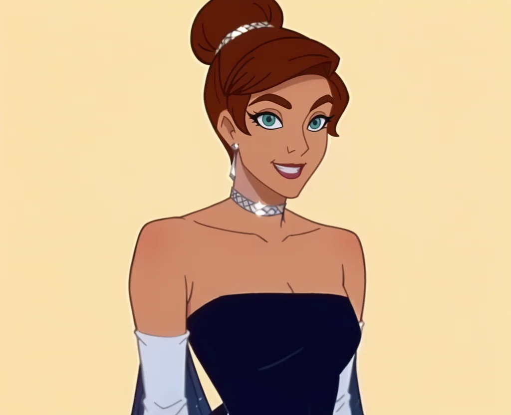 score_9, score_8_up, score_7_up, score_6_up, score_5_up, score_4_up, anime screencap, anime coloring, source_cartoon, <lora:Anastasia_Full-000007:1> ,evegw, brown hair, aqua eyes, hair, black dress, translucent dress, bun, jewelry, strapless, choker, white elbow gloves, arms behind back, smile, looking at viewer, portrait